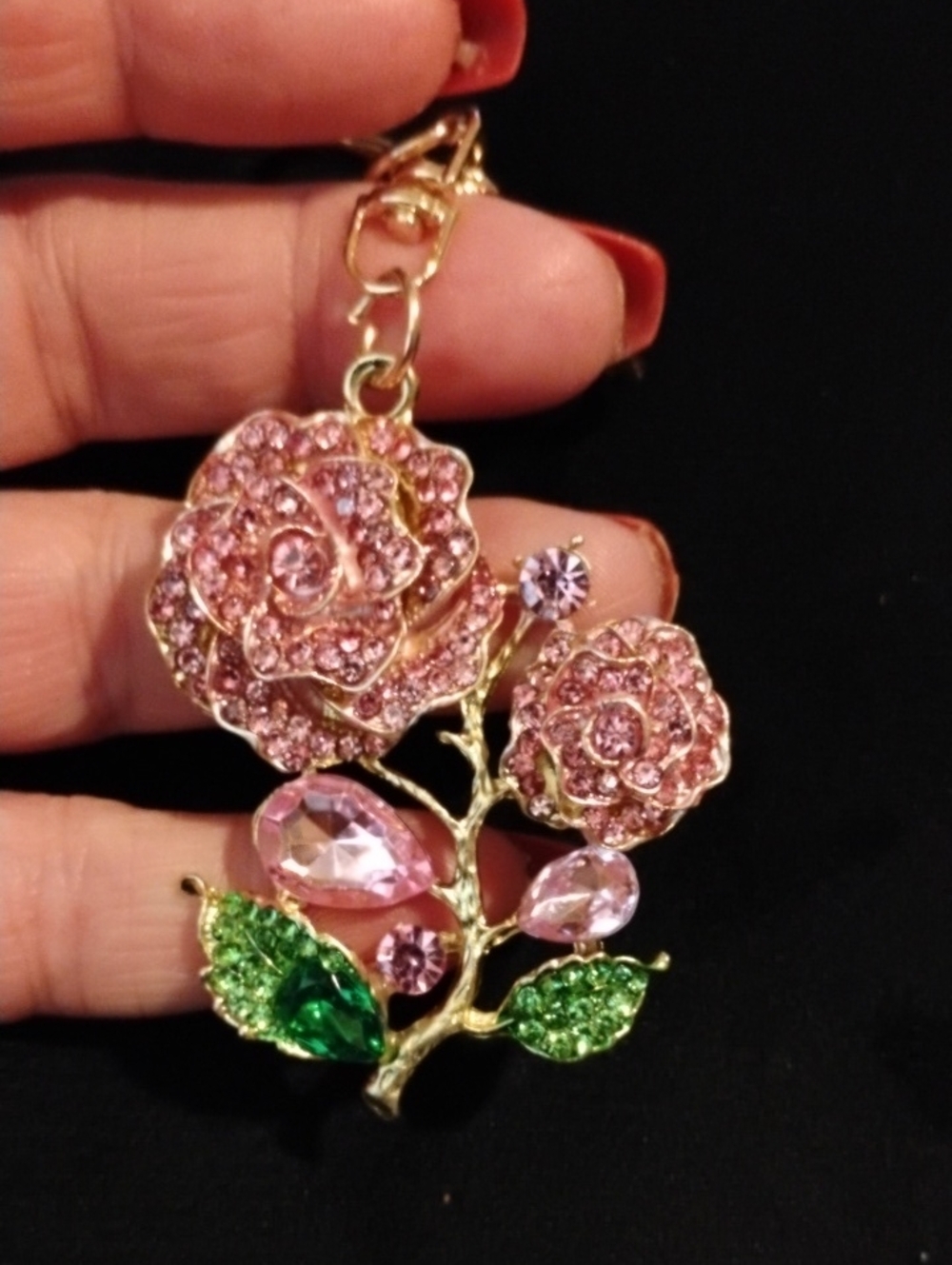 Gold-Tone Pink Crystal Rose Bag Charm Keychain